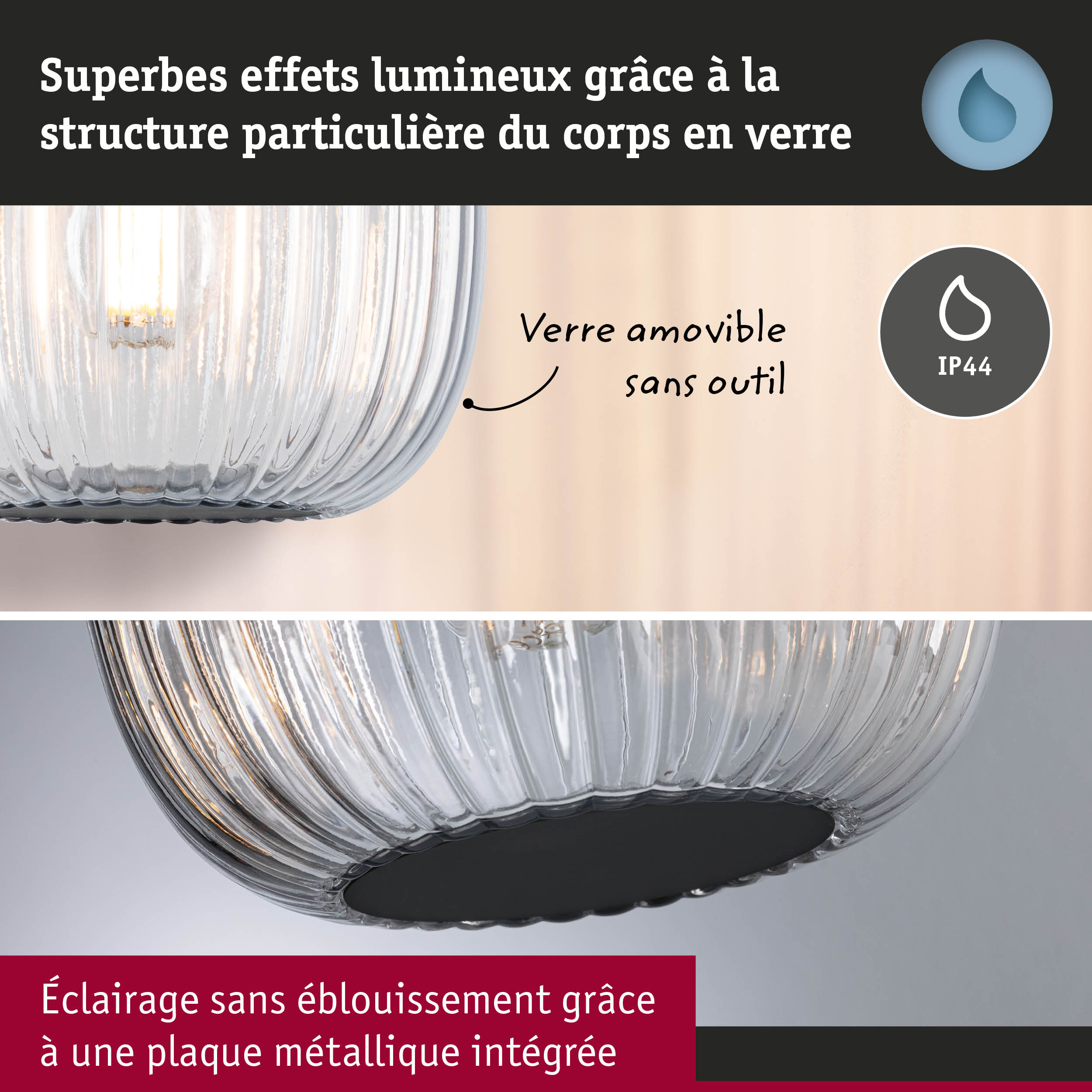 Plafonnier en verre à surface texturée avec plaque métallique intégrée pour un éclairage sans éblouissement