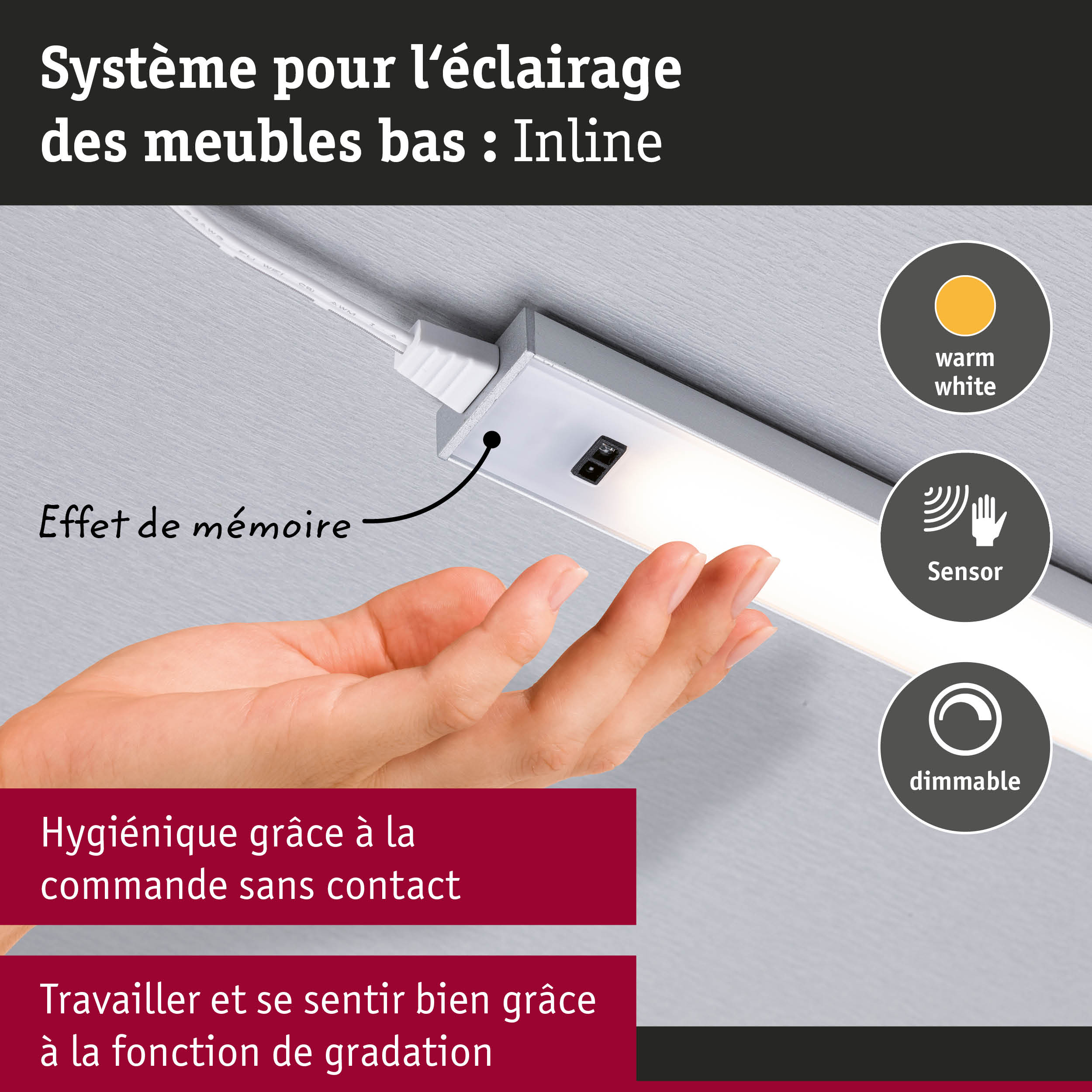 Éclairage LED blanc sous meuble avec capteur et fonction dimmable pour éclairage mobilier