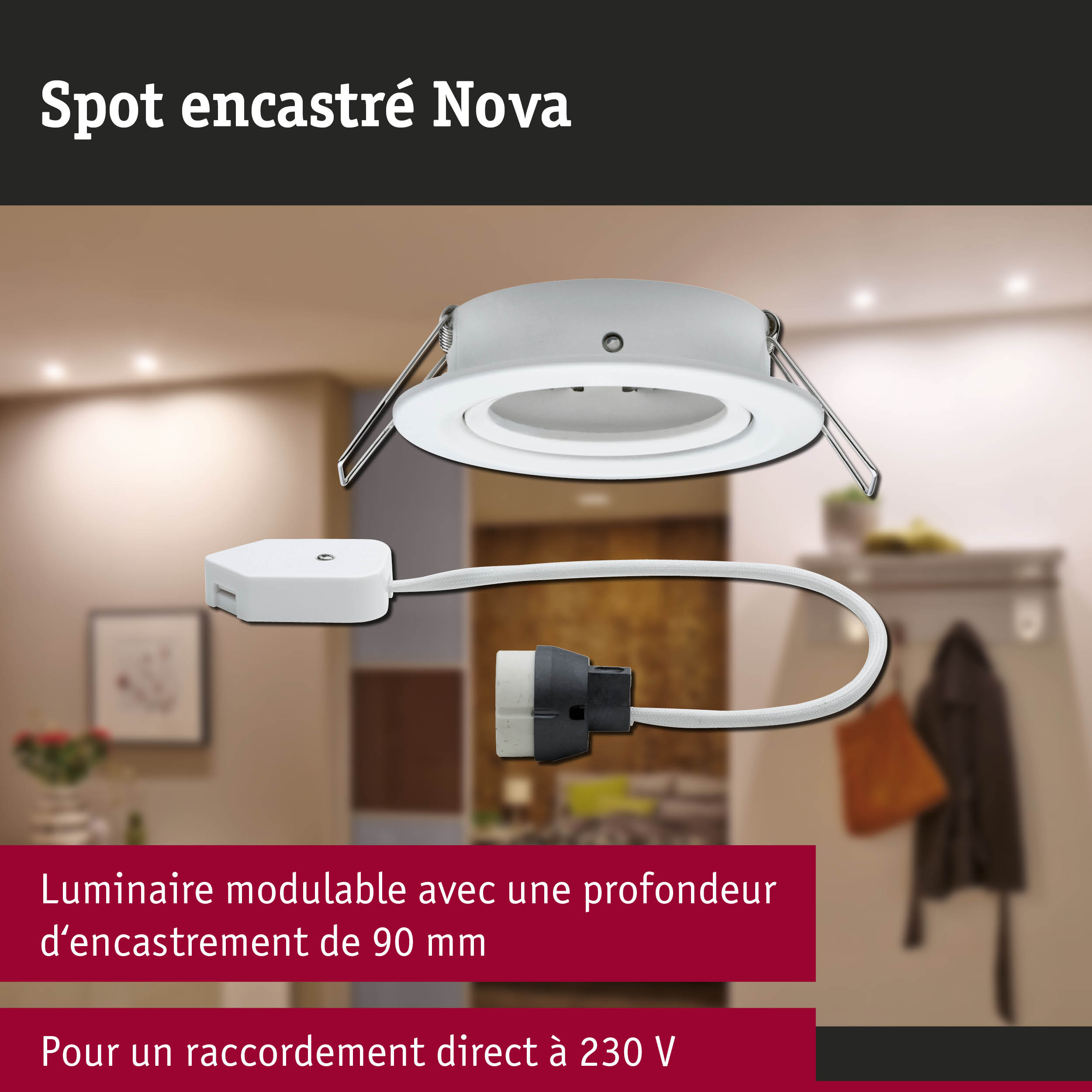 Spot encastré Nova blanc avec ressorts métalliques et câble pour raccordement direct 230V