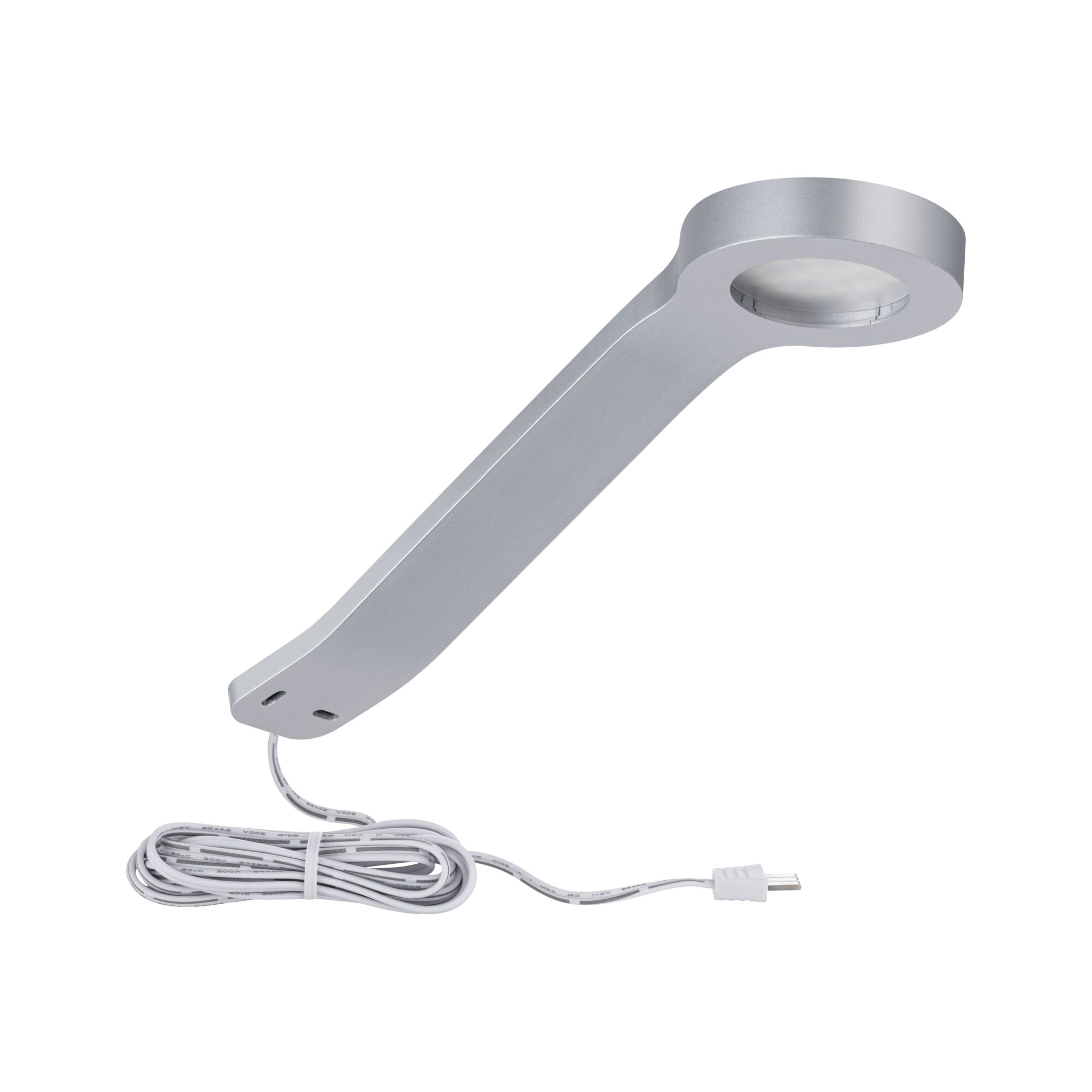 Silberner LED-Unterbauleuchte aus Metall mit Kabel und Stecker für moderne Lichtakzente