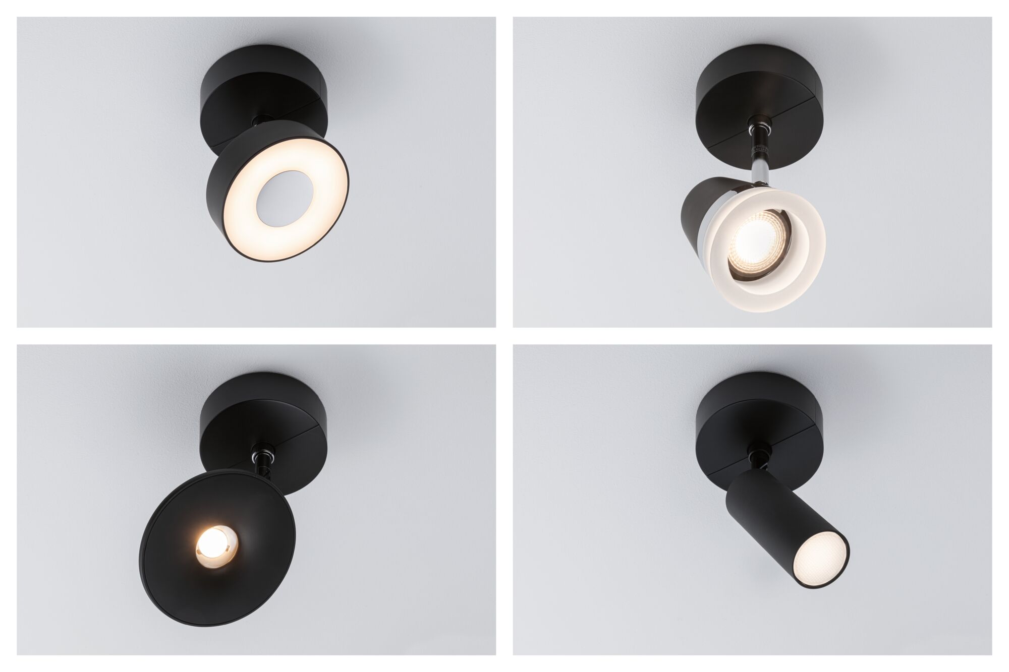 Vier verschiedene schwarze Deckenstrahler aus Metall mit LED-Beleuchtung für moderne Innenräume