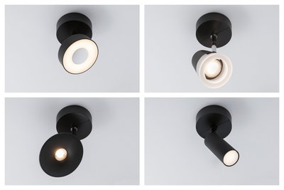 Vier verschiedene schwarze Deckenstrahler aus Metall mit LED-Beleuchtung für moderne Innenräume