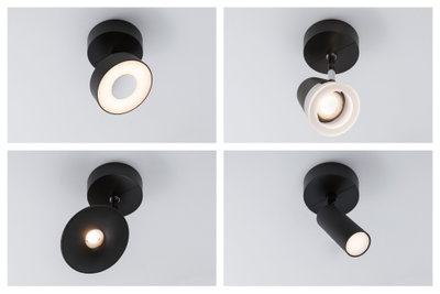 Vier verschiedene schwarze Deckenstrahler aus Metall mit LED-Beleuchtung für moderne Innenräume