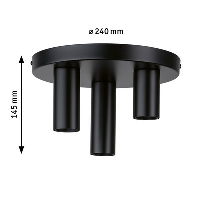 Schwarze Deckenleuchte aus Metall mit drei zylindrischen Leuchtkörpern und Maßen 240x145 mm
