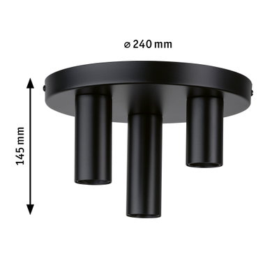 Schwarze Deckenleuchte aus Metall mit drei zylindrischen Leuchtkörpern und Maßen 240x145 mm