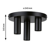 Black metal ceiling light with three cylindrical spotlights and 240 mm diameter