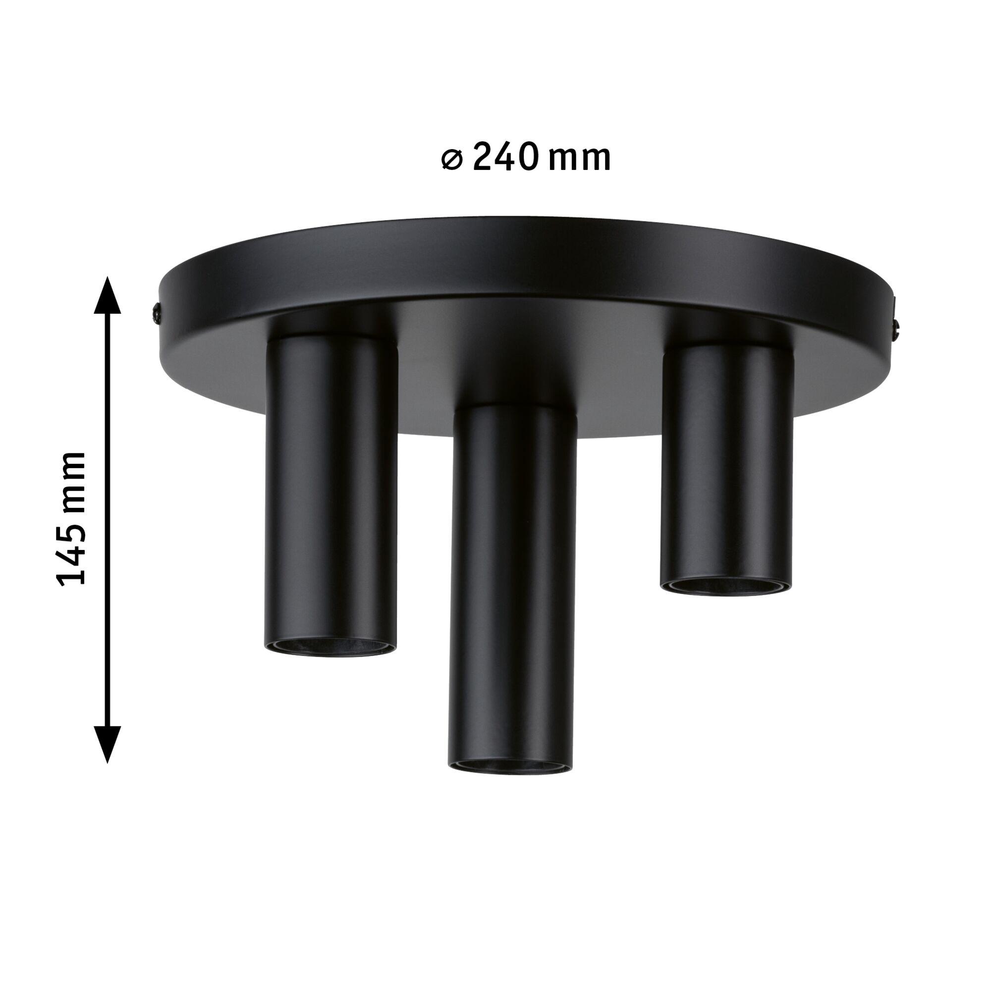 Black metal ceiling light with three cylindrical spotlights and 240 mm diameter