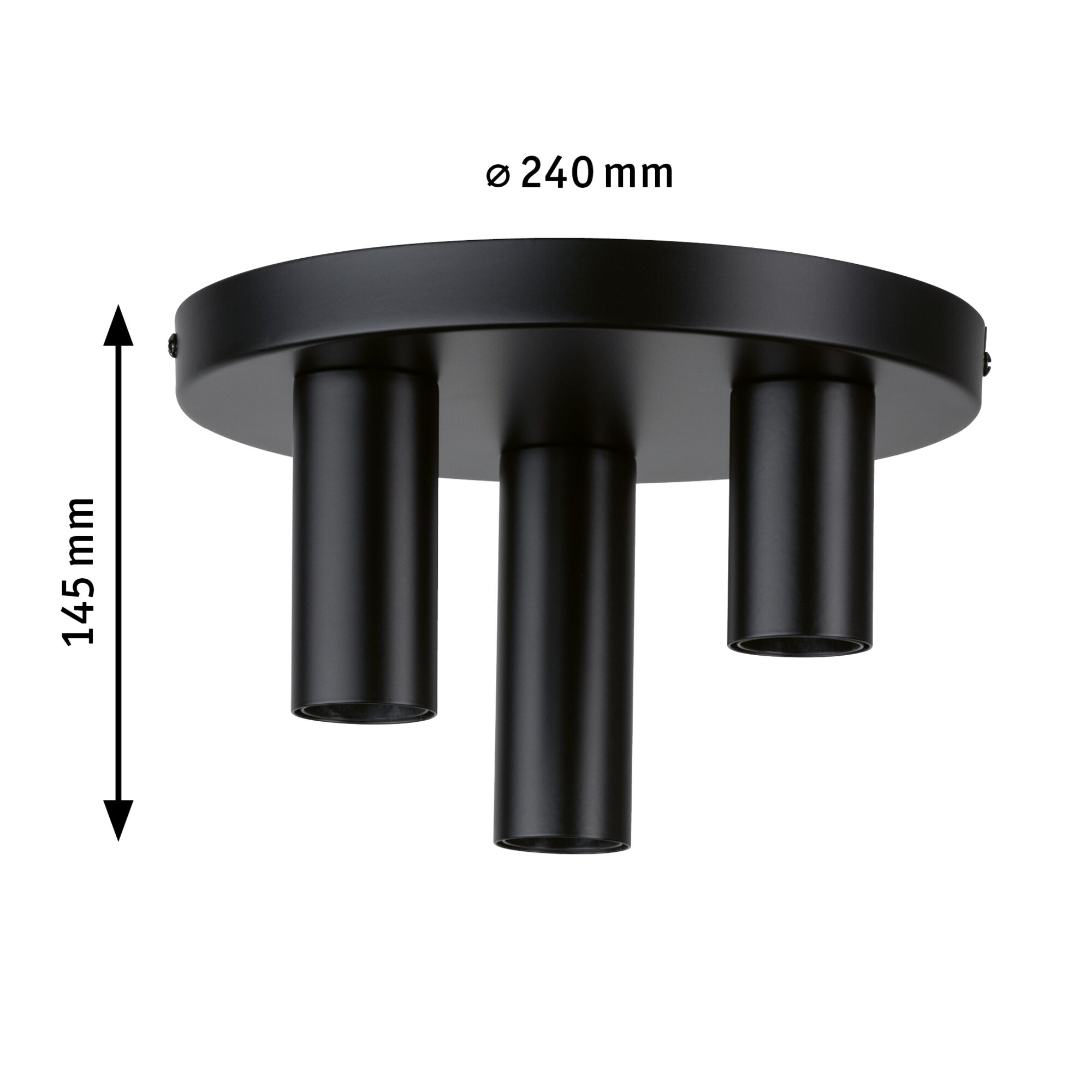 Schwarze Deckenleuchte aus Metall mit drei zylindrischen Strahlern und 240 mm Durchmesser