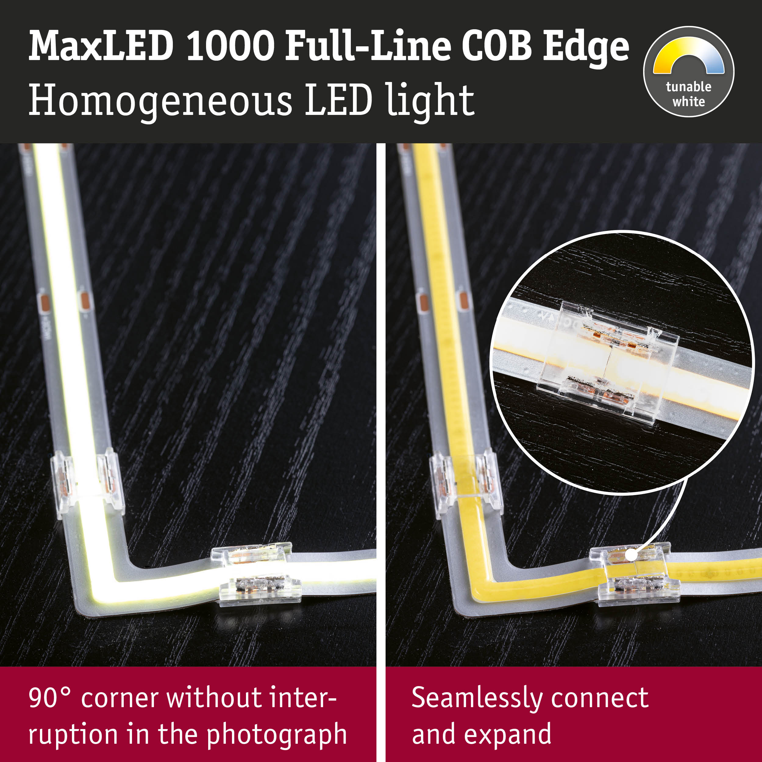 MaxLED 1000 Full-Line COB Edge homogeneous LED light with tunable white and seamless 90° corner