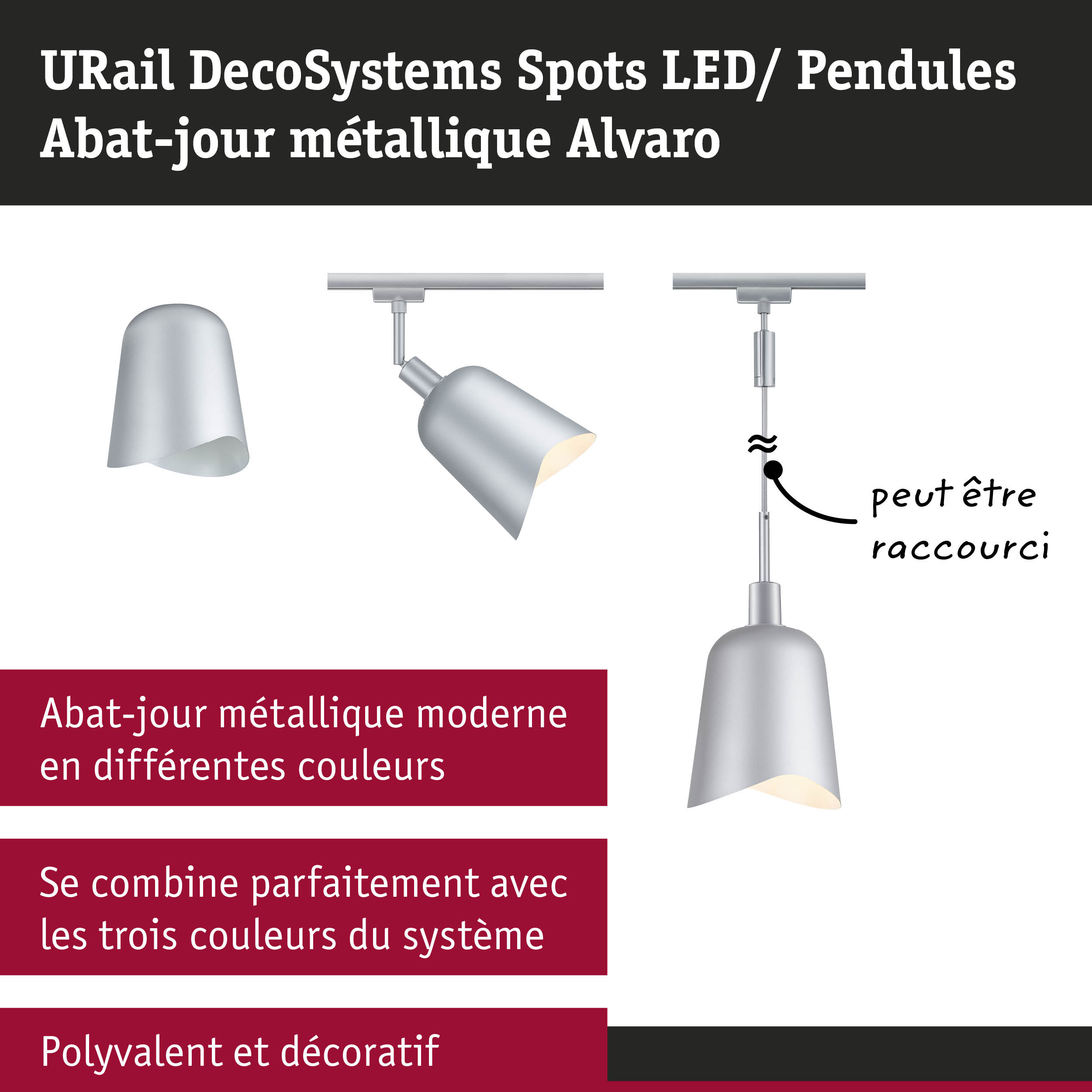 Spot LED et suspension métallique Alvaro argenté pour système d'éclairage sur rail URail DecoSystems