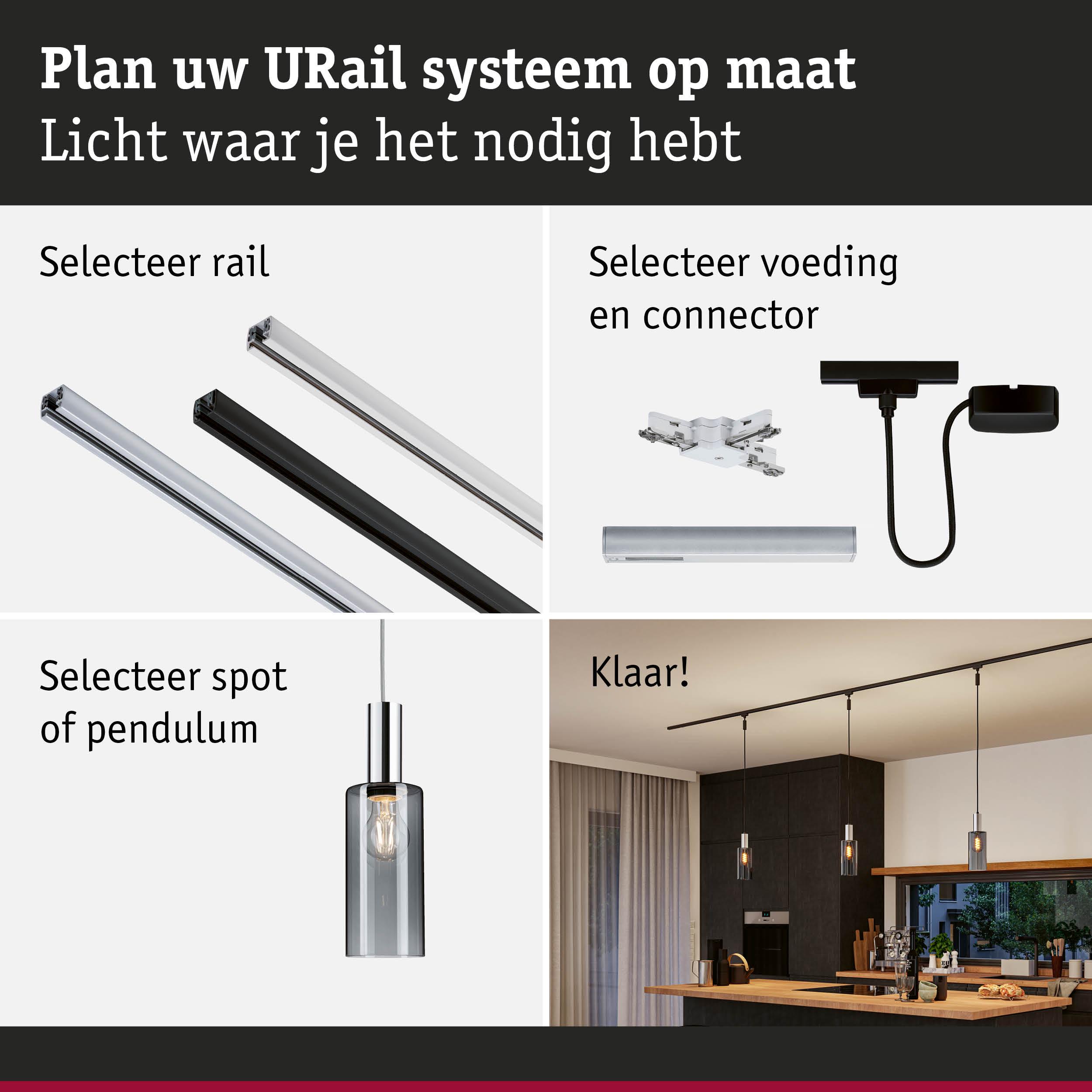 Modulair URail railsysteem met rails, connectoren en pendelverlichting voor flexibele lichtoplossingen