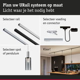 Modulair URail railsysteem met rails, connectoren en pendelverlichting voor flexibele lichtoplossingen