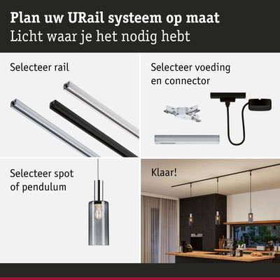 Modulair URail railsysteem met rails, connectoren en pendelverlichting voor flexibele lichtoplossingen