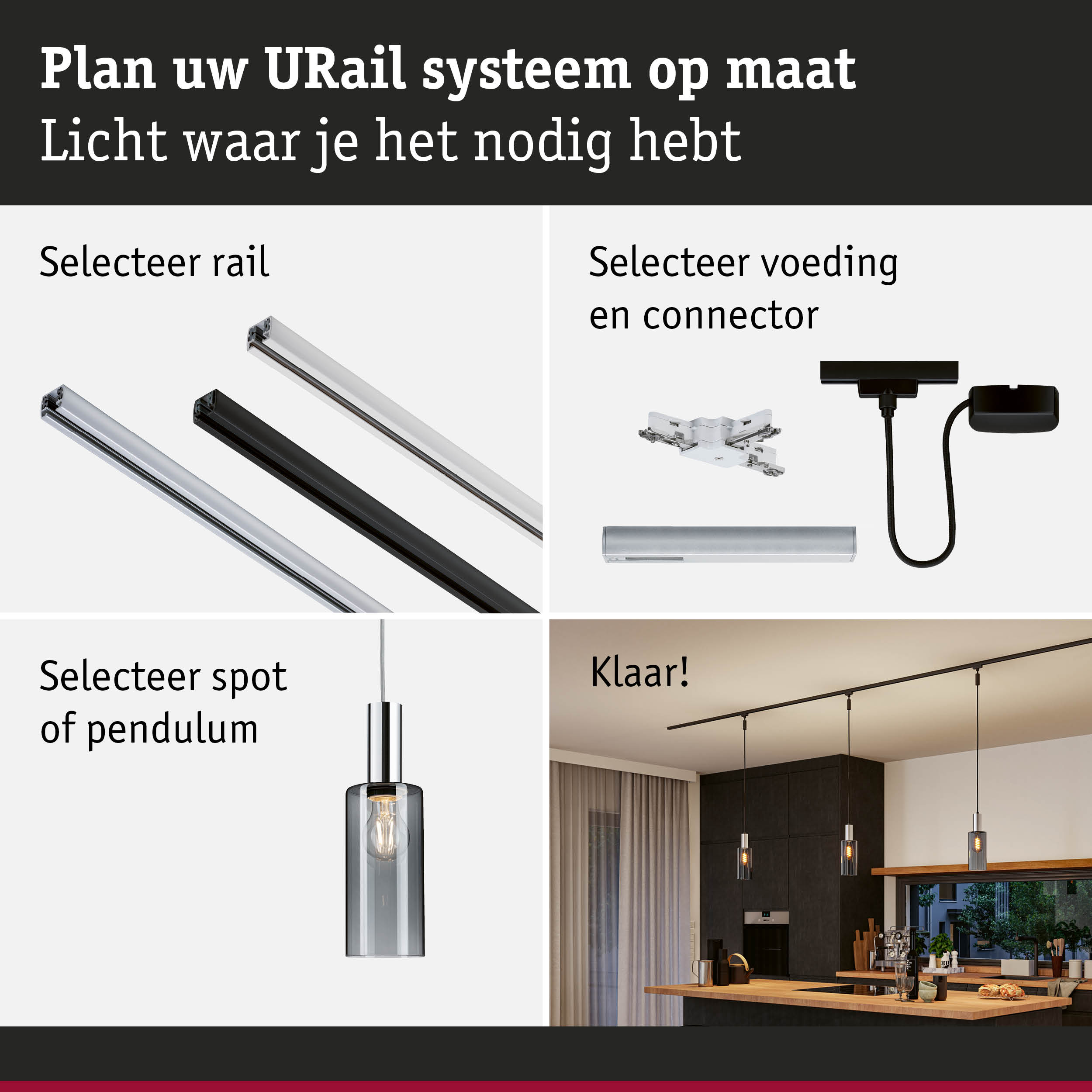 Modulair URail railsysteem met keuze uit rails, connectoren en pendelverlichting voor maatwerk verlichting