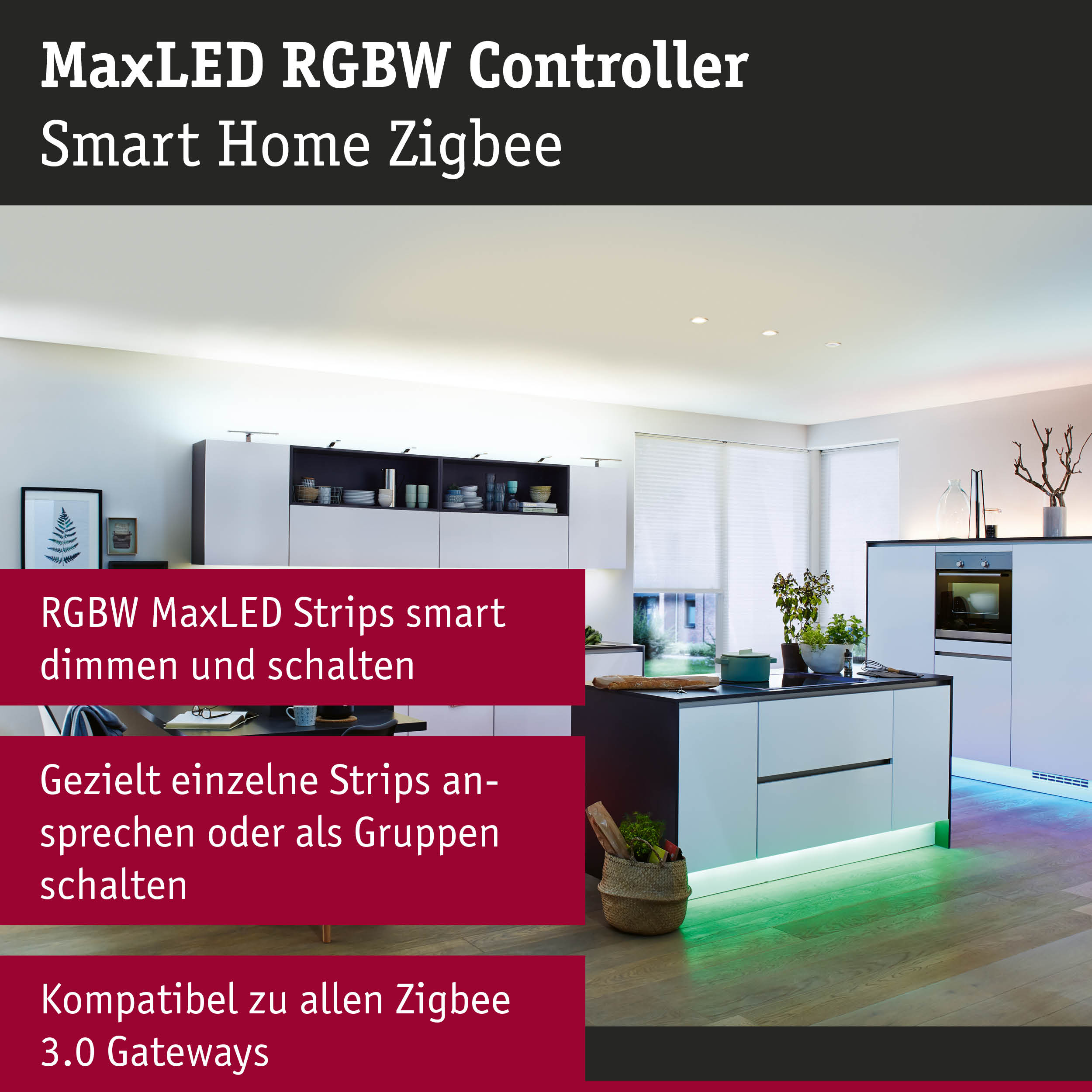 Moderne Küche mit smarten RGBW MaxLED LED-Streifen in Weiß und grüner Beleuchtung am Sockel