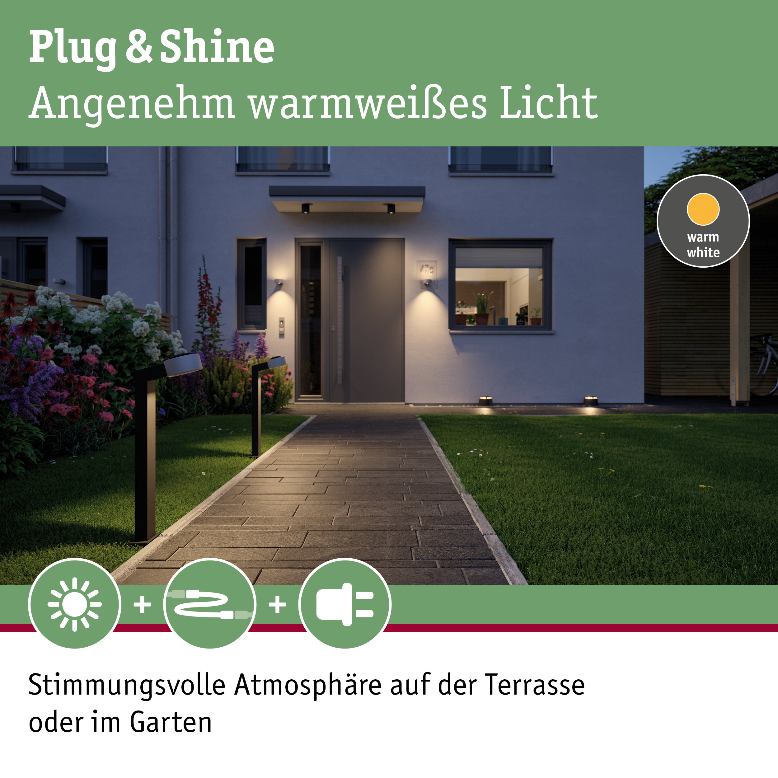 Moderne Außenbeleuchtung mit warmweißem Licht entlang eines Gartenwegs vor einem Haus