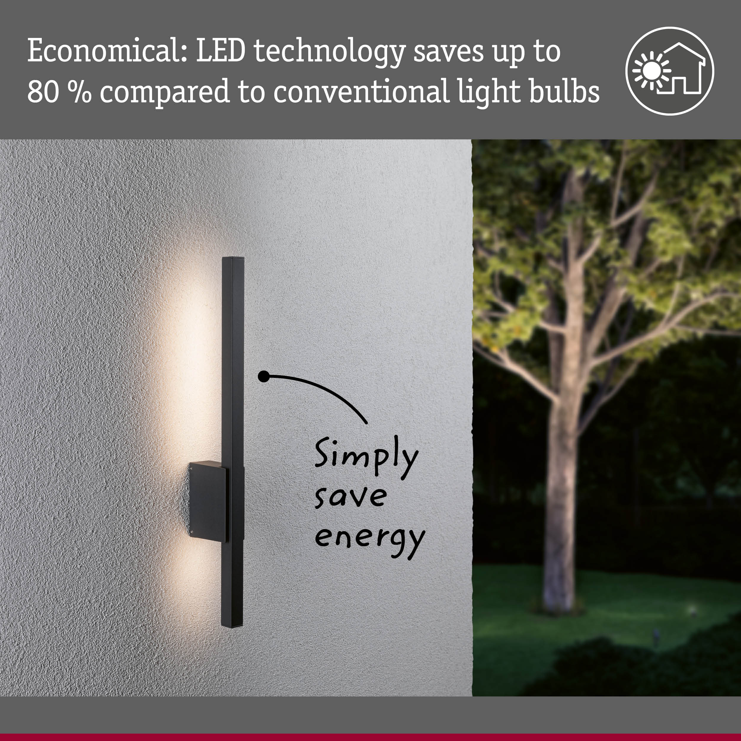Black metal LED outdoor wall light on white wall with energy-saving illumination