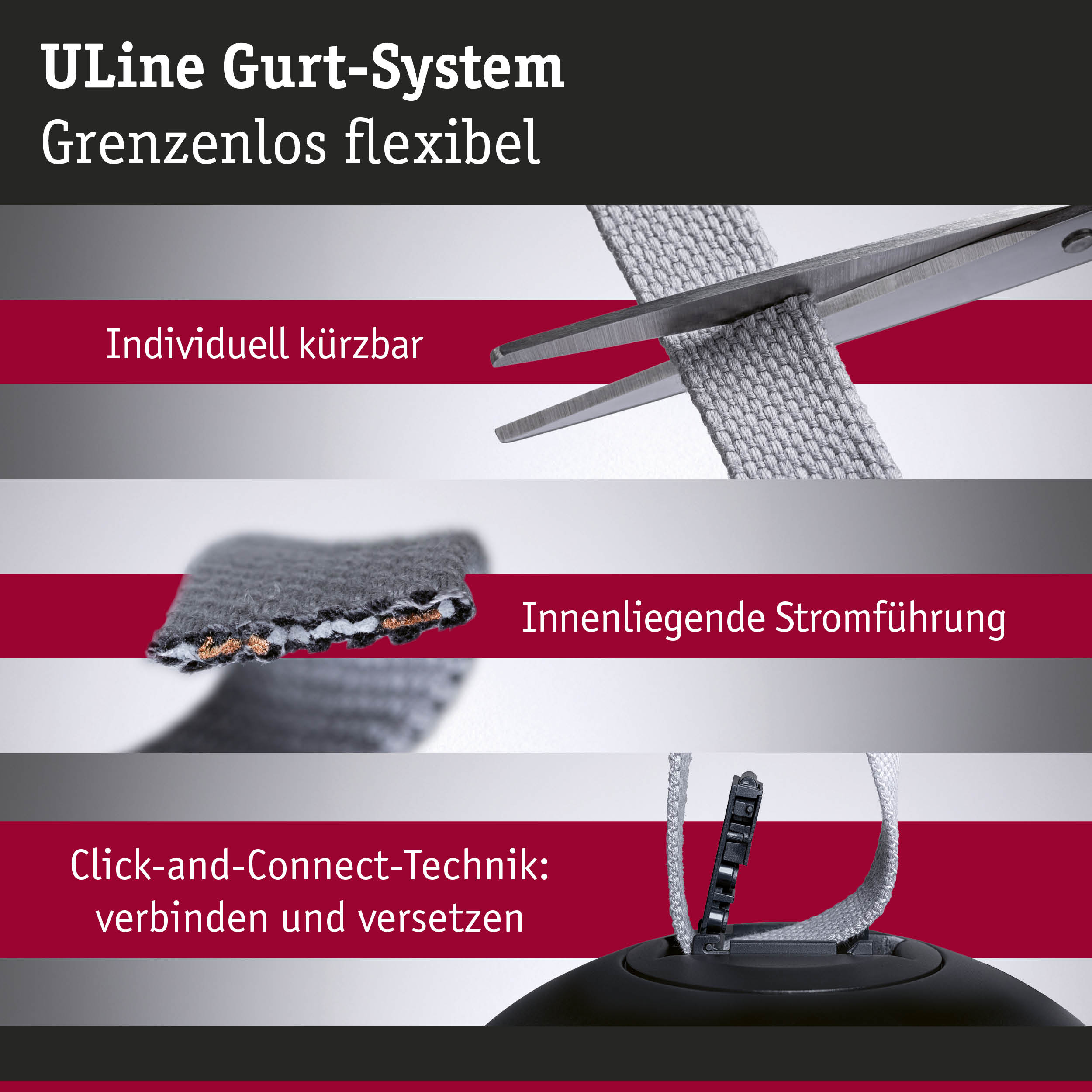 Uline Gurt-System mit grauem Textilband, individuell kürzbar und integrierter Stromführung für flexible Beleuchtung