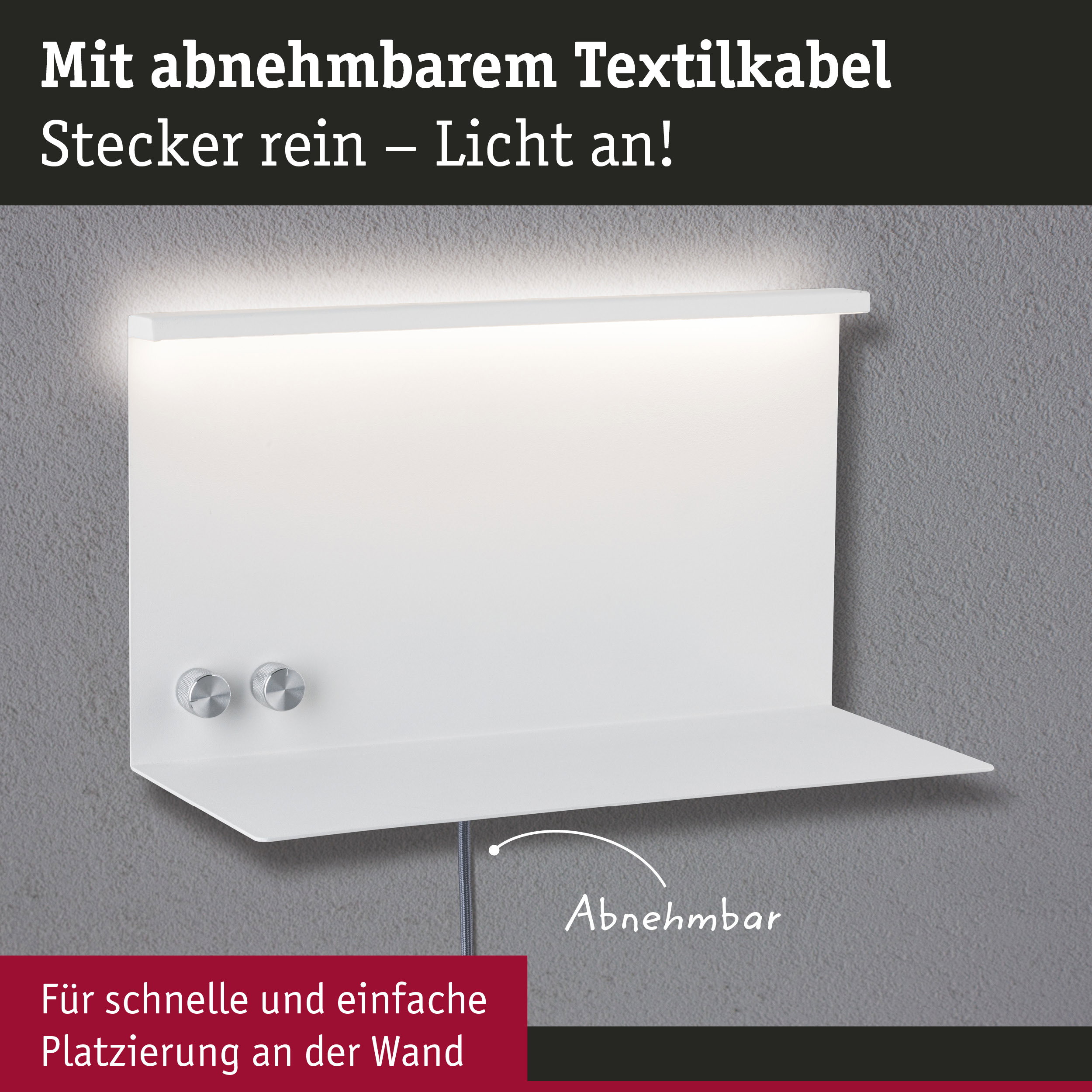 Weiße Wandlampe mit abnehmbarem Textilkabel und zwei silbernen Drehknöpfen für einfache Montage