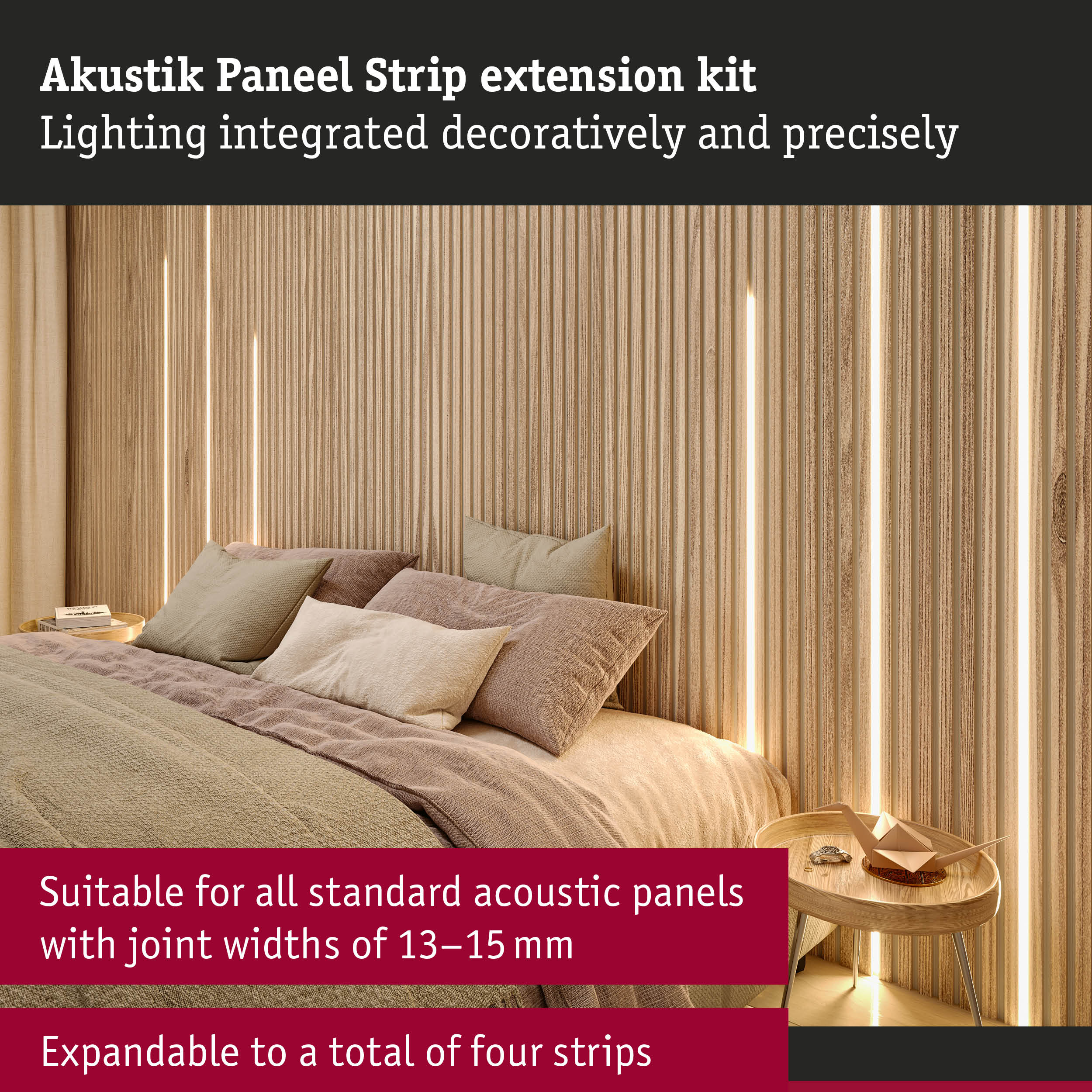 Wood acoustic panel strip extension kit with integrated lighting for decorative wall design