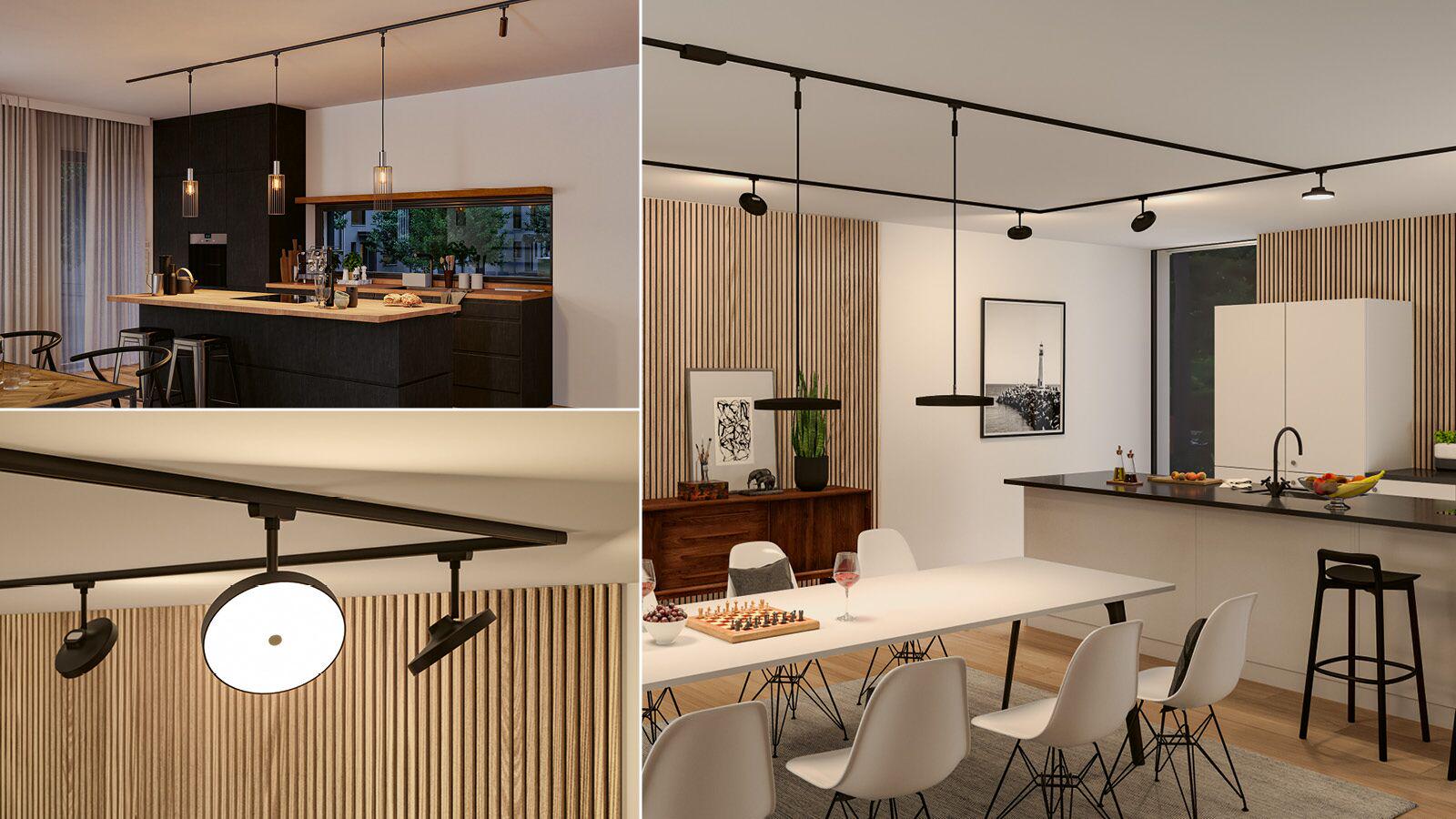 Moderne schwarze URail Schienensysteme mit verschiedenen Leuchten in stilvollen Küchen- und Esszimmerumgebungen