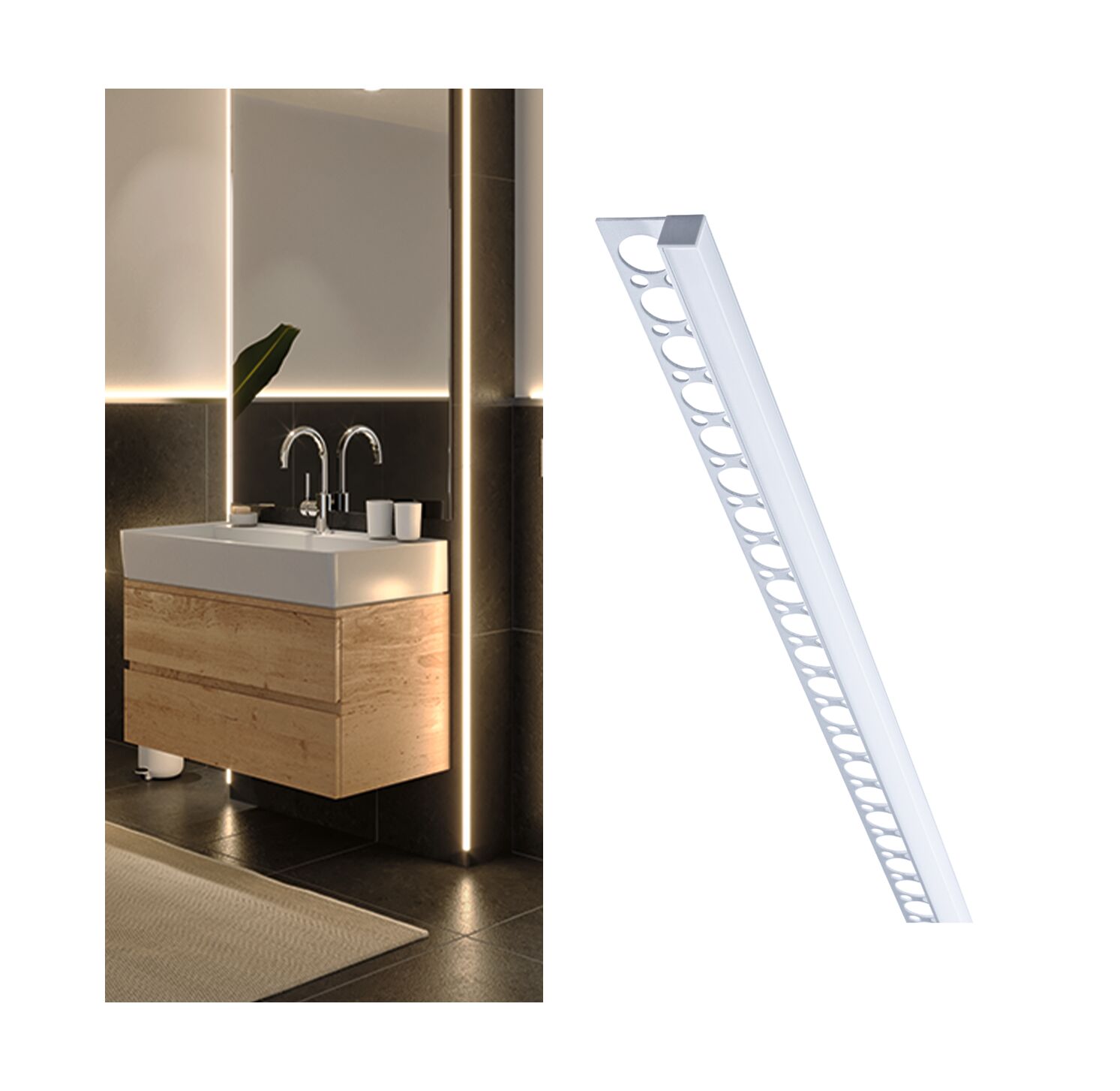 LumiTiles LED Strip profile Frame 2m Anodised aluminium/Satin White LED aluminum profile insert with round cutouts for modern bathroom lighting and indirect light