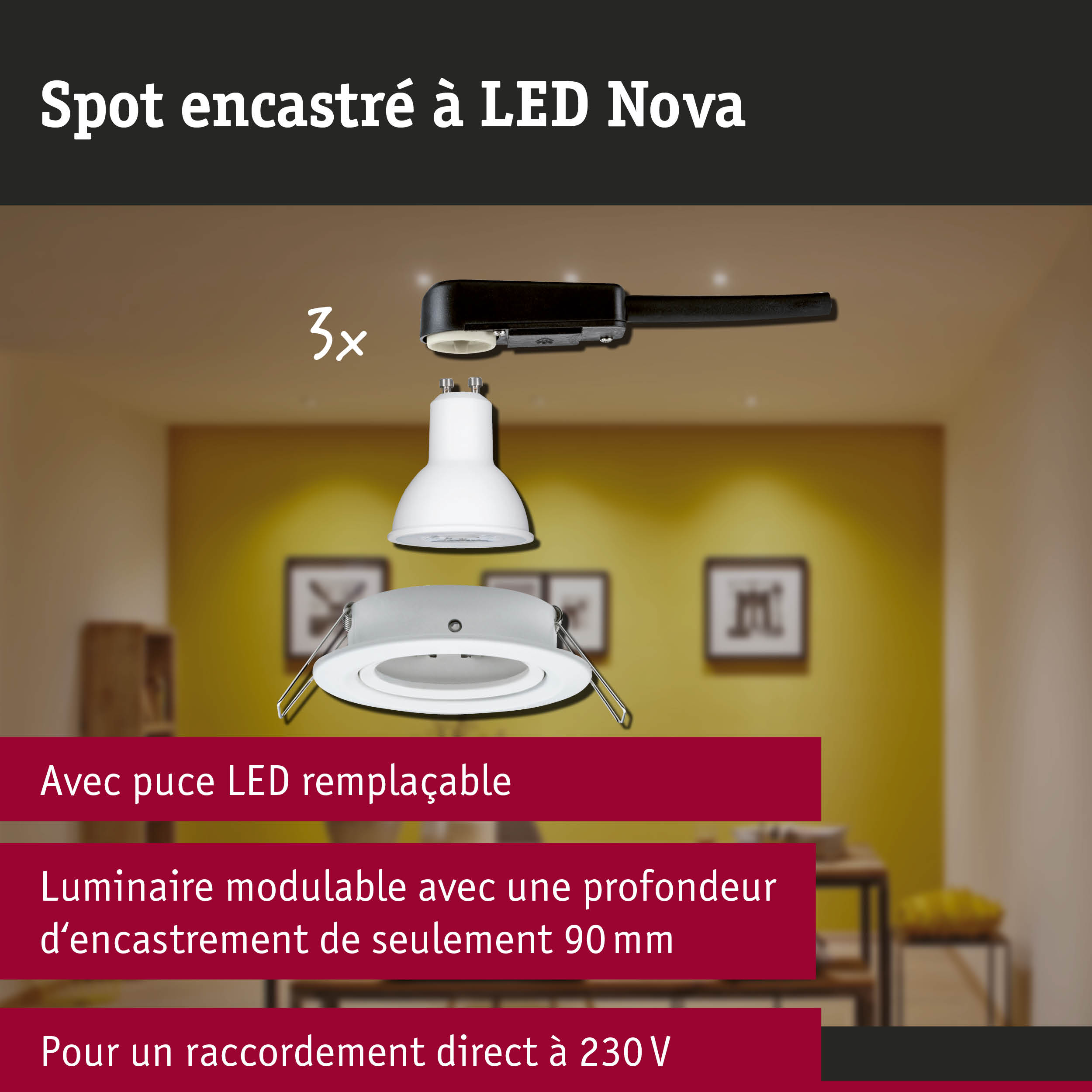 Spot encastré LED 3-Step-Dim Nova Kit de base orientable rond 84mm 50° GU10 3x6,5W 3x460lm 230V gradable 2700K Blanc dépoli