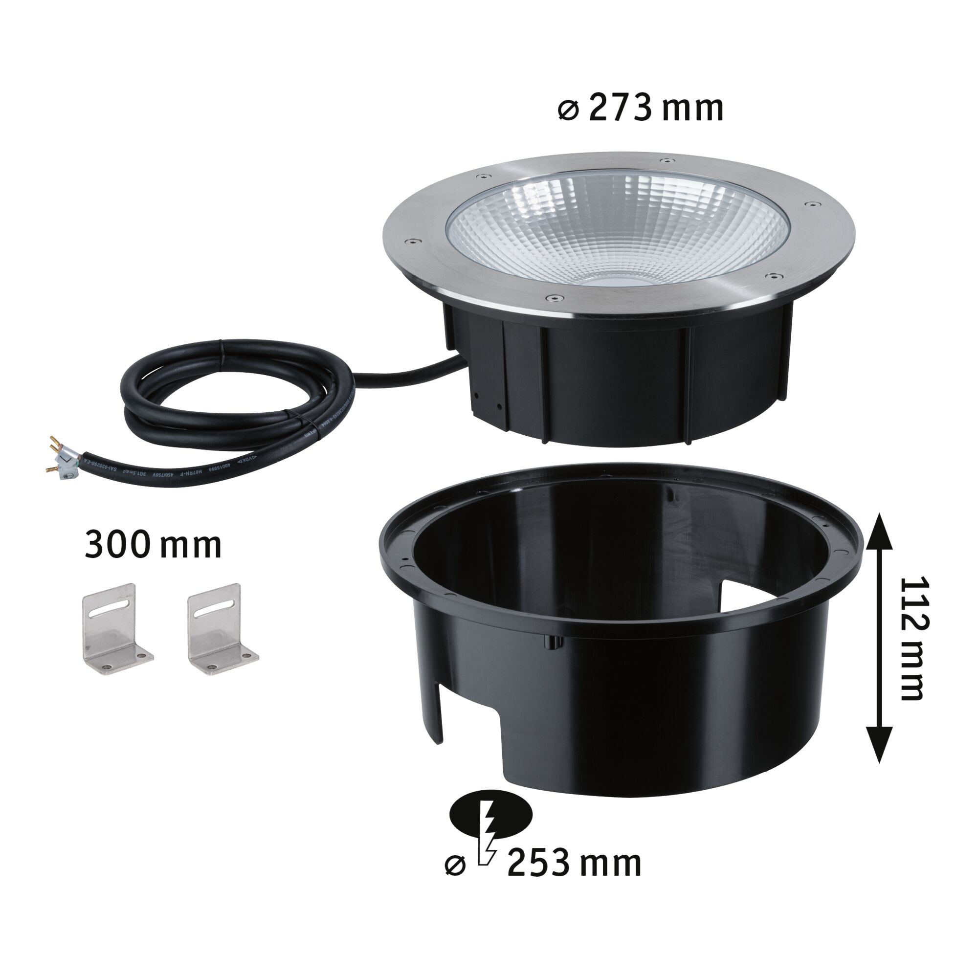 Stainless steel recessed light with black plastic housing and cable, dimensions Ø273 mm, Ø253 mm, height 112 mm