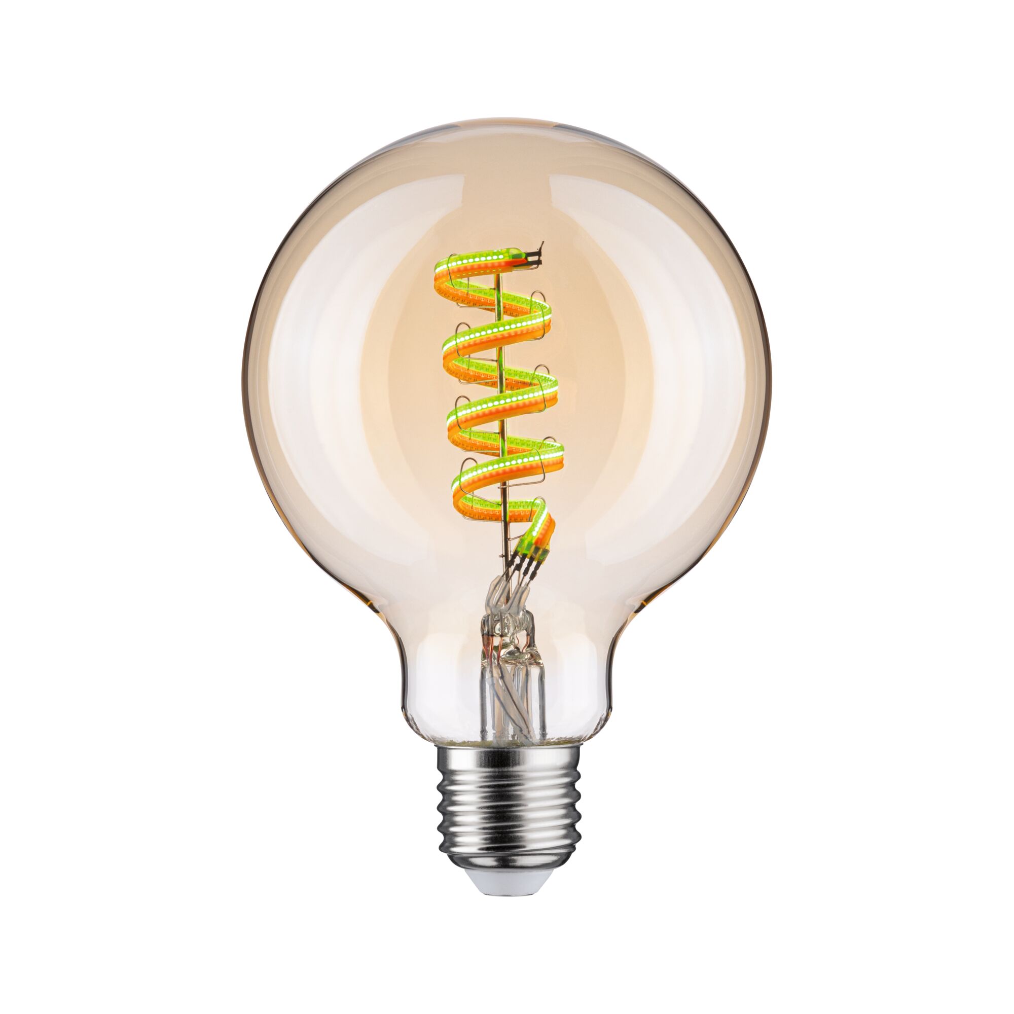 Glühbirne mit spiralförmigem LED-Filament in warmem Bernstein für dekorative Beleuchtung