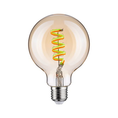 Light bulb with spiral LED filament in warm amber for decorative lighting and ambiance