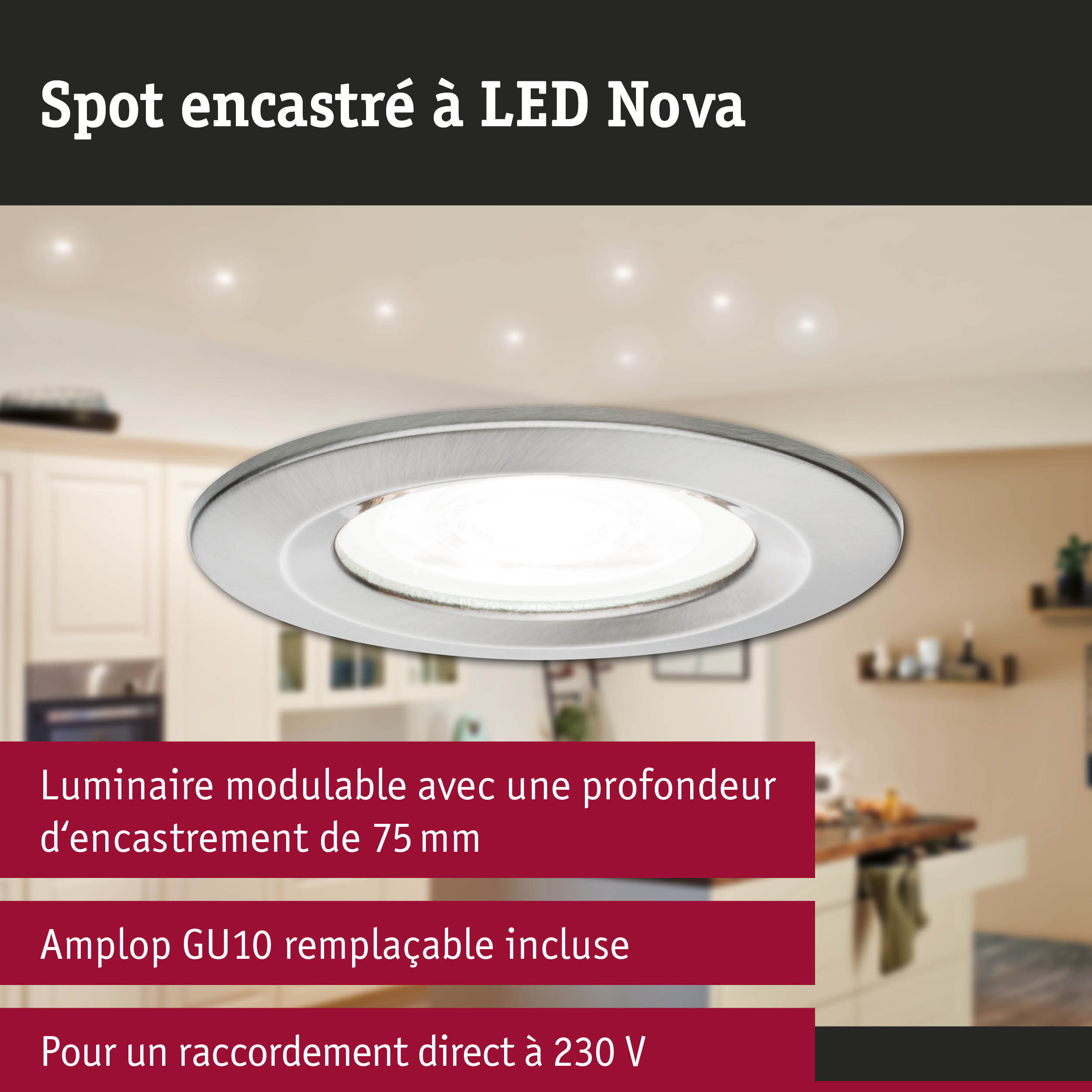 Spot encastré LED Nova en métal brossé argenté pour un éclairage économique et moderne