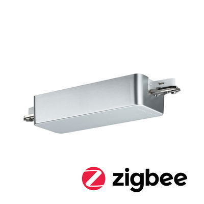 Silver aluminum Zigbee adapter for smart lighting control with modern design