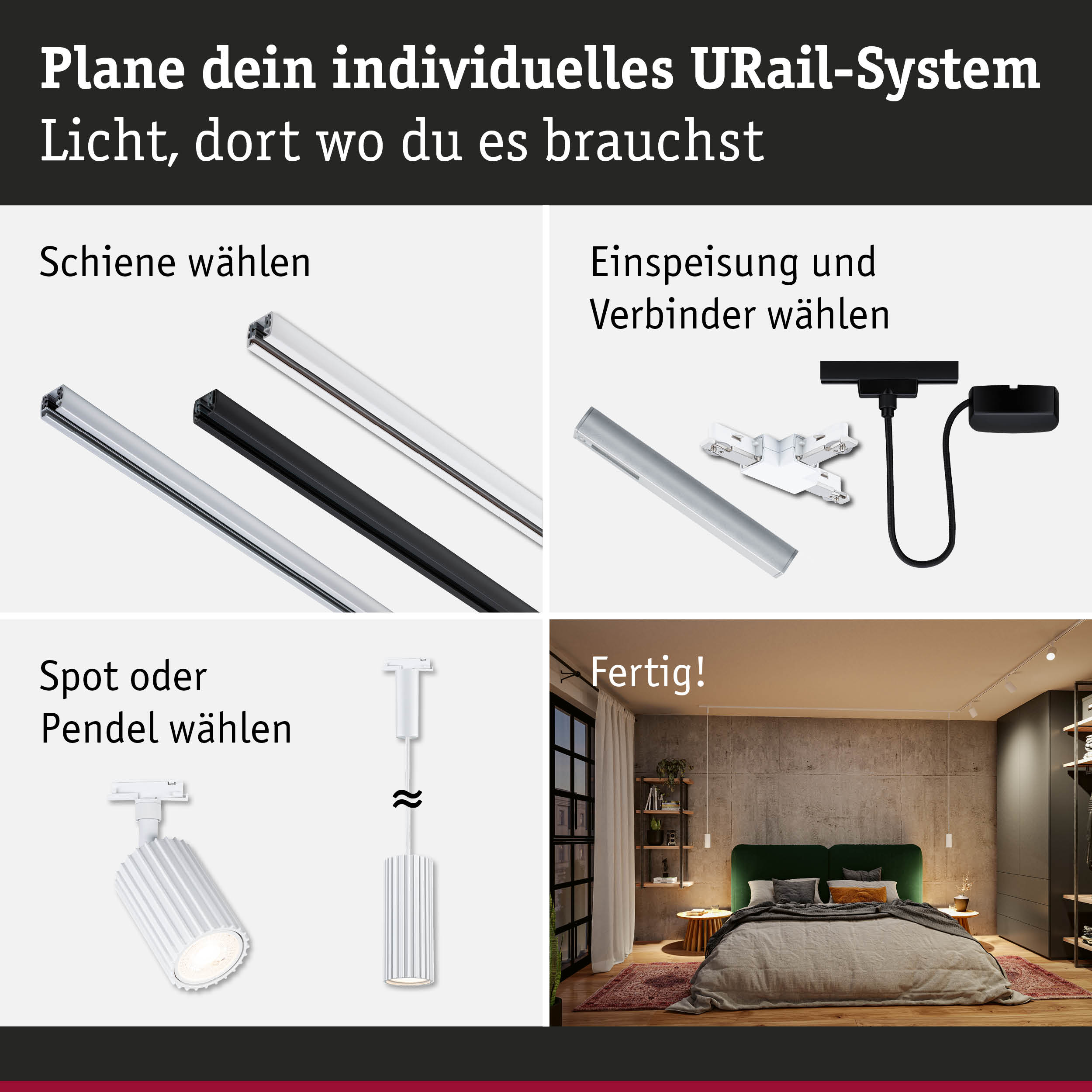 Modulares URail-Schienensystem mit weißen und schwarzen Schienen, Spots und Pendelleuchten für flexible Raumbeleuchtung