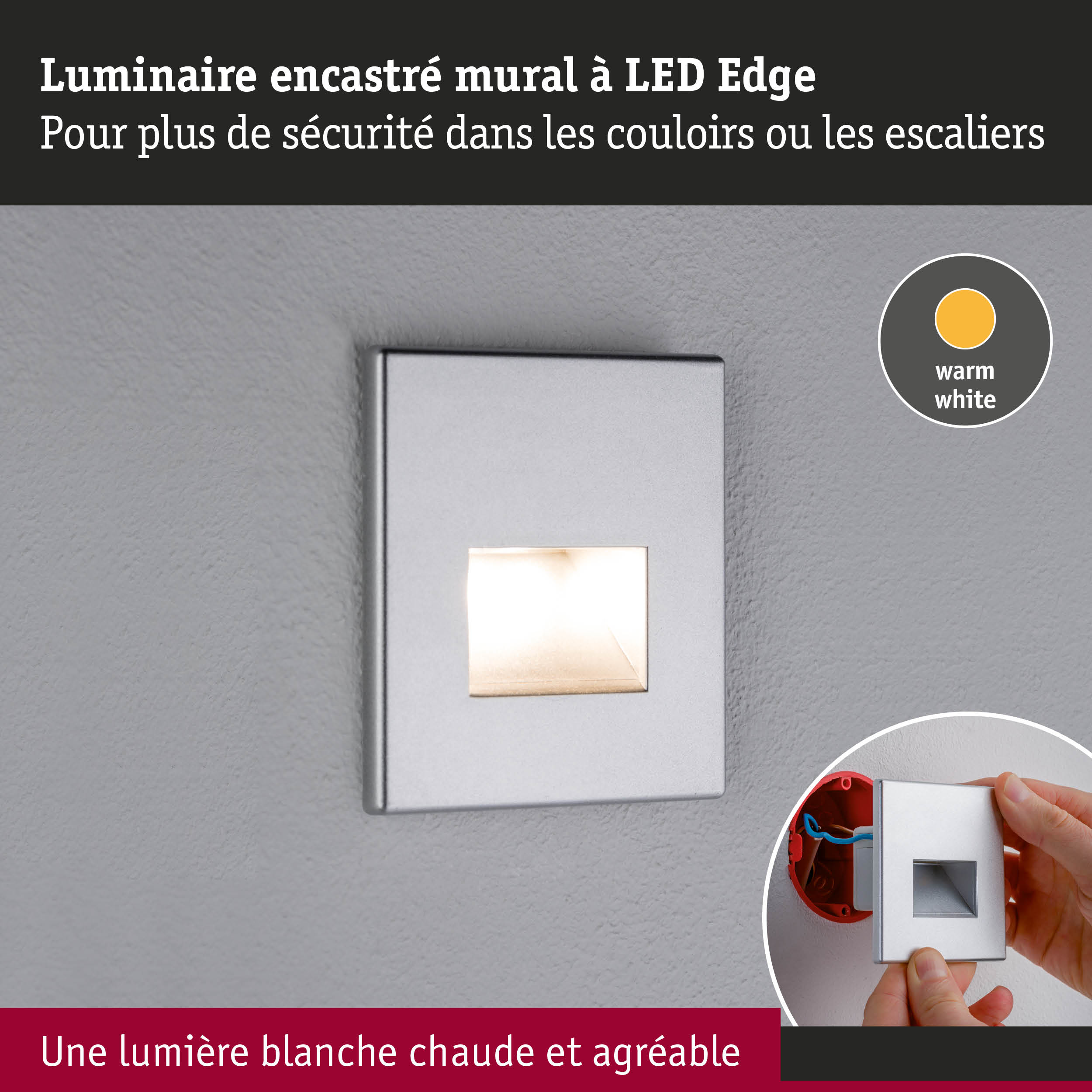 Luminaire mural encastré LED argenté avec lumière blanc chaud pour sécurité dans couloirs et escaliers.
