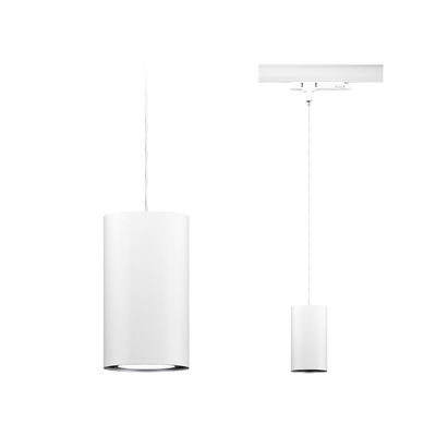 Zwei weiße Zylinder-Pendelleuchten aus Metall mit Kabel und Deckenbefestigung für moderne Innenbeleuchtung