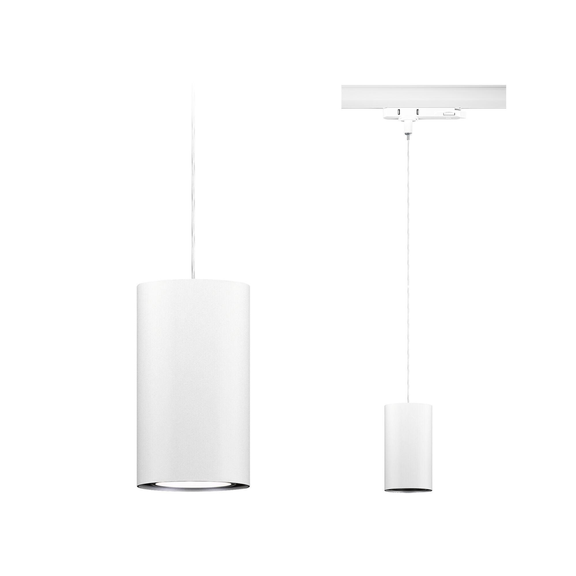 Zwei weiße Zylinder-Pendelleuchten aus Metall mit Kabel und Deckenbefestigung für moderne Innenbeleuchtung