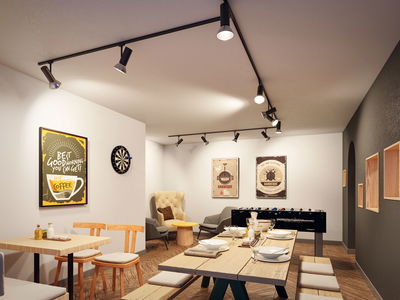 Salon moderne avec spots LED sur rail noirs Paulmann au plafond, mobilier en bois et cible de fléchettes.