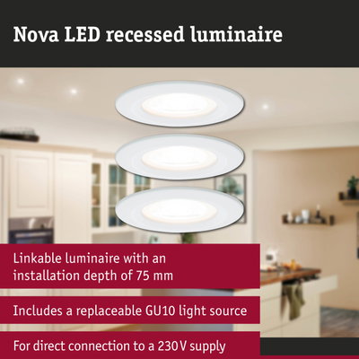 White Nova LED recessed luminaire with GU10 socket for direct 230V power connection
