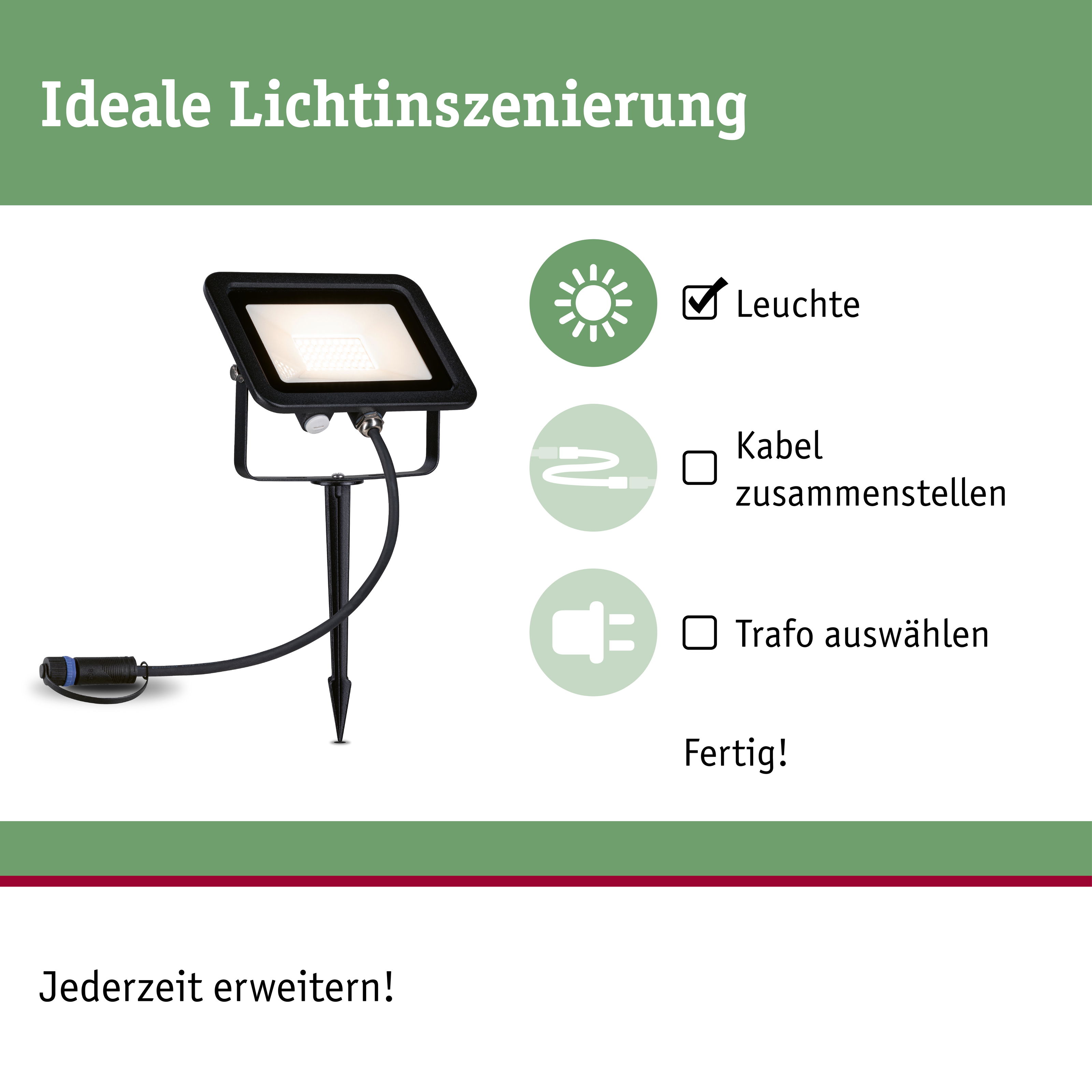 Schwarzer LED-Außenstrahler mit Erdspieß und Kabelanschluss für einfache Gartenbeleuchtung.