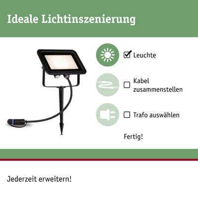 Schwarzer LED-Außenstrahler mit Erdspieß und Kabelanschluss für einfache Gartenbeleuchtung.