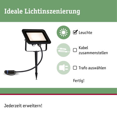 Schwarzer LED-Außenstrahler mit Erdspieß und Kabelanschluss für einfache Gartenbeleuchtung.