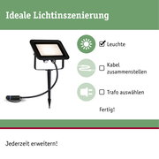 Schwarzer LED-Strahler mit Erdspieß und Kabel für flexible Außenbeleuchtung und Lichtinszenierung