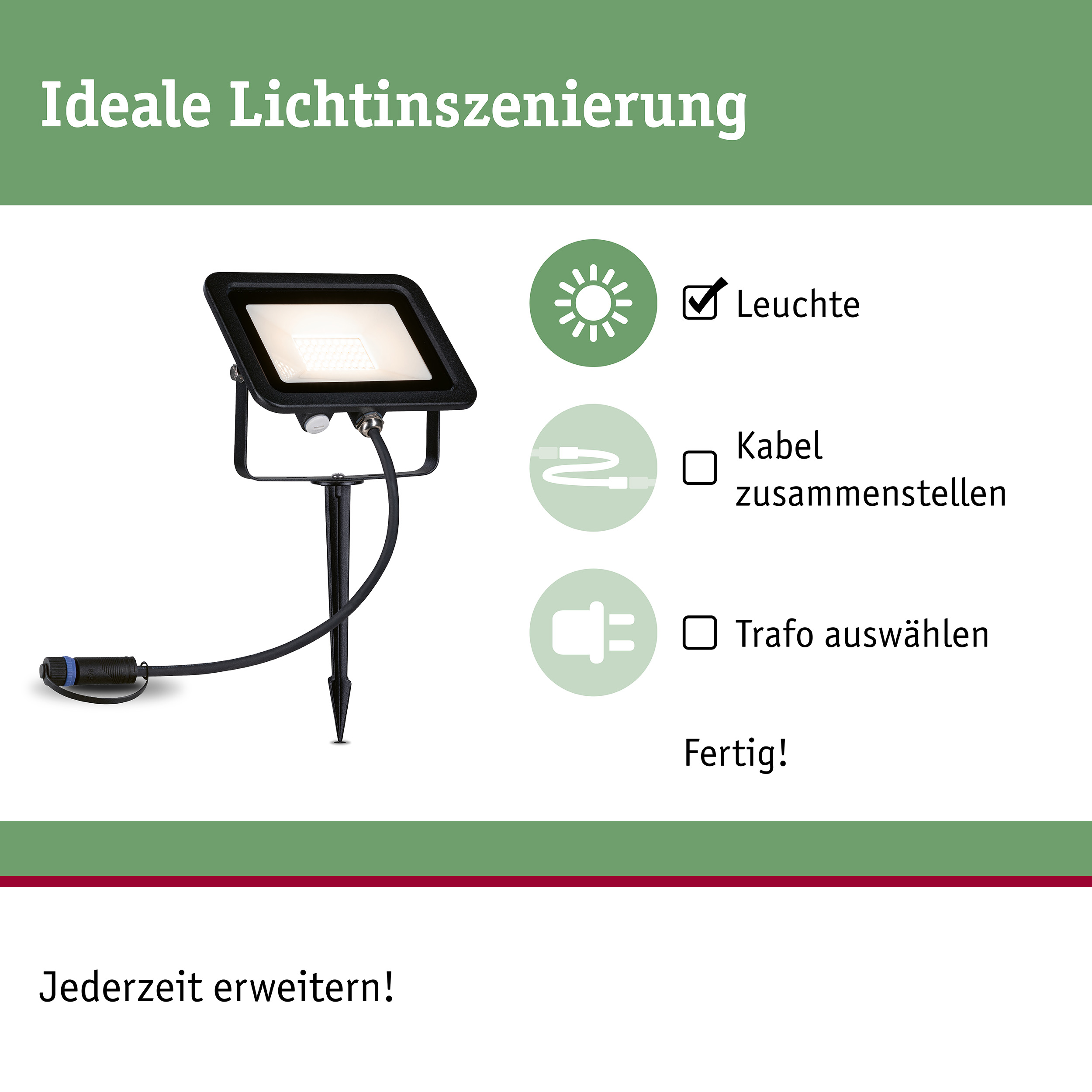 Schwarzer LED-Strahler mit Erdspieß und Kabel für flexible Außenbeleuchtung und Lichtinszenierung