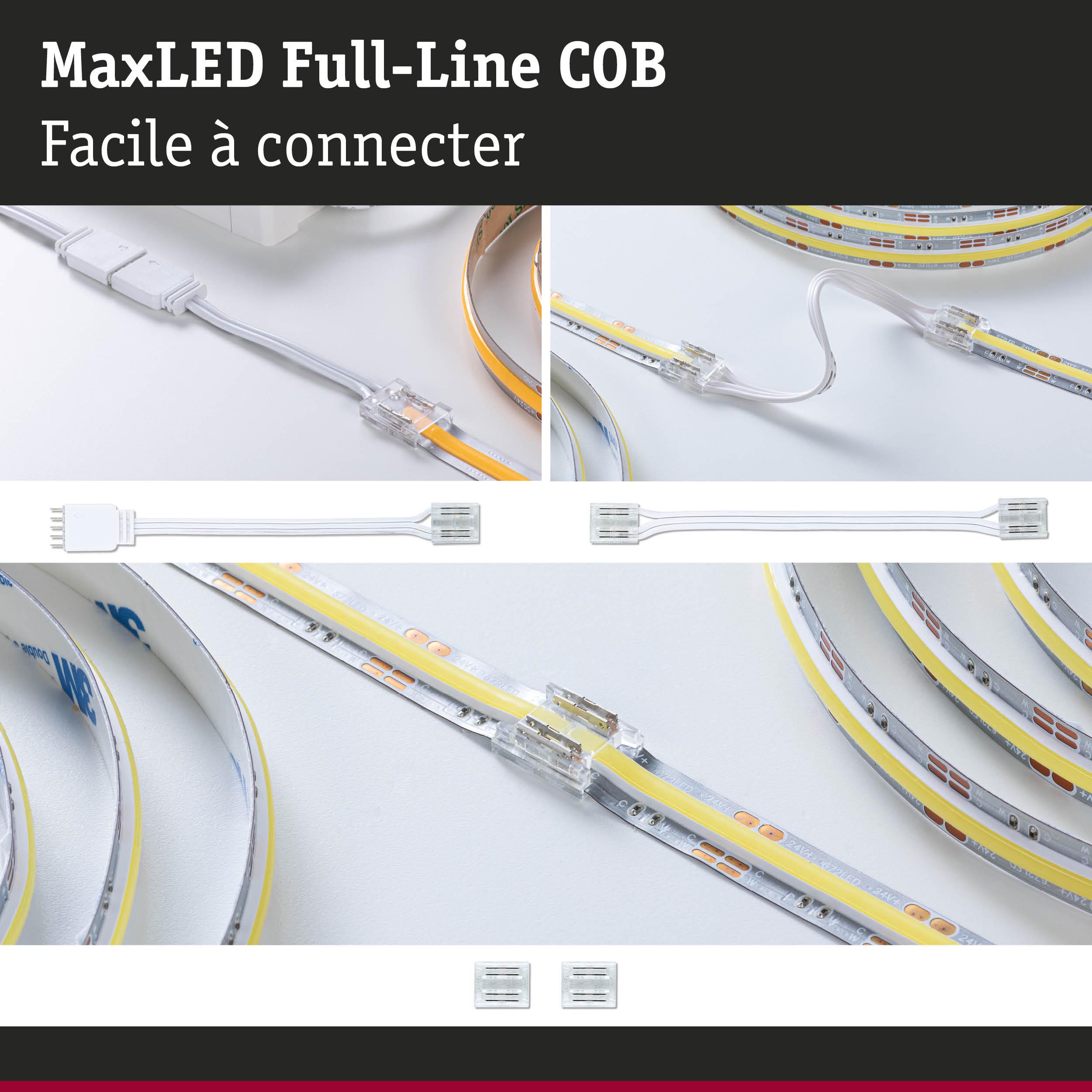 Bande LED MaxLED Full-Line COB avec connecteurs transparents et câble blanc pour installation facile