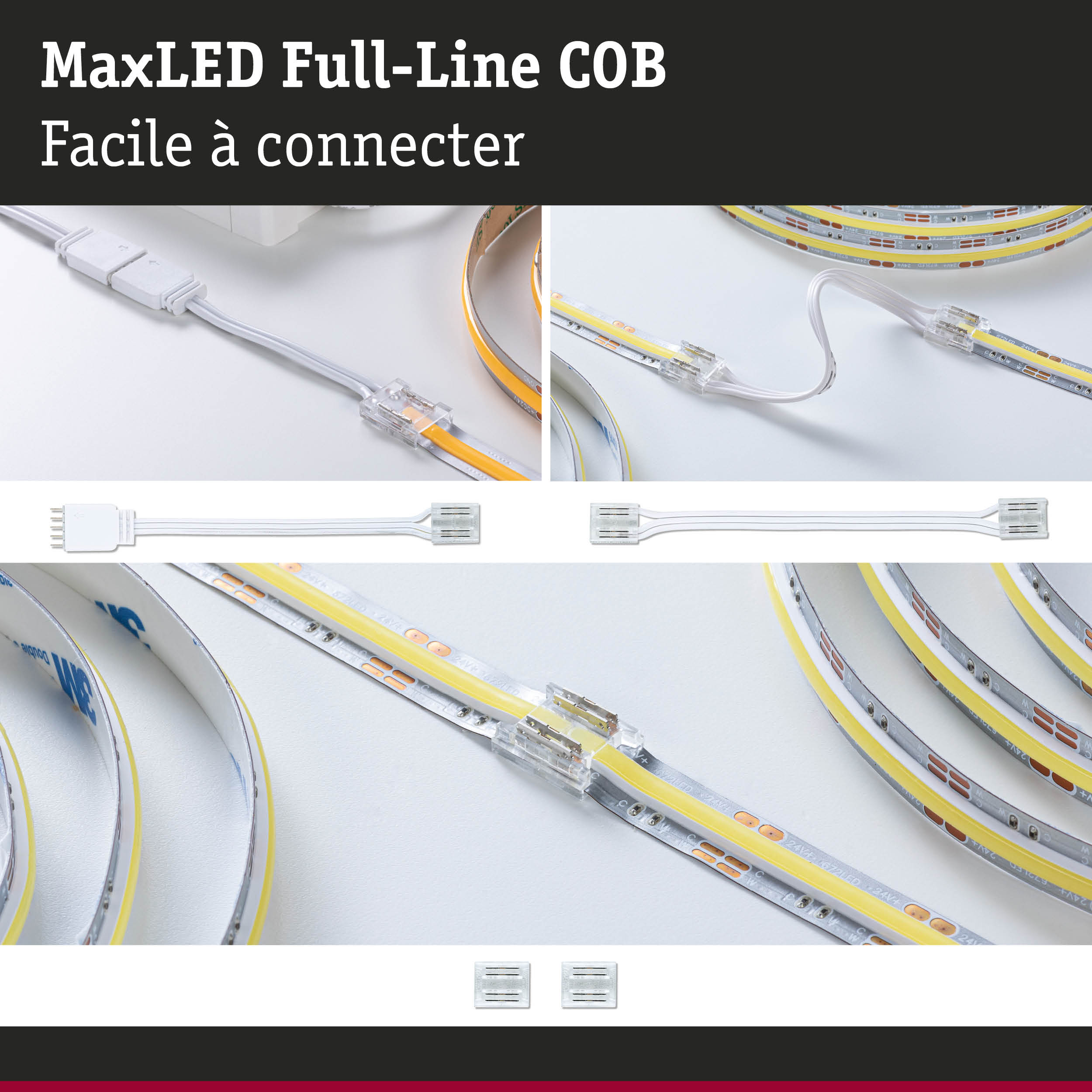 Bande LED MaxLED Full-Line COB avec connecteurs blancs et ligne lumineuse jaune pour connexion facile
