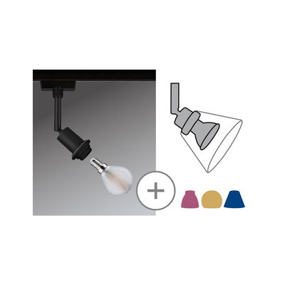 Black LED track light with replaceable bulb and colored shades in red, yellow, and blue for versatile lighting