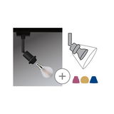 Spot LED noir sur rail avec ampoule remplaçable et abat-jours colorés rouge, jaune et bleu