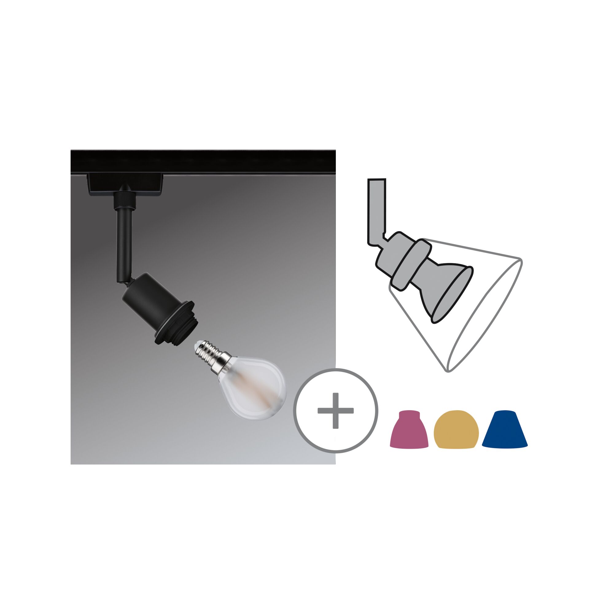 URail Rail spot DecoSystems Basic Individual Spot E14 max. 20W dimmable 230V Black matt Black LED track light with replaceable bulb and colored shades in red, yellow, and blue for versatile lighting