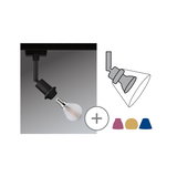 Spot LED noir sur rail avec ampoule remplaçable et abat-jours colorés rouge, jaune et bleu