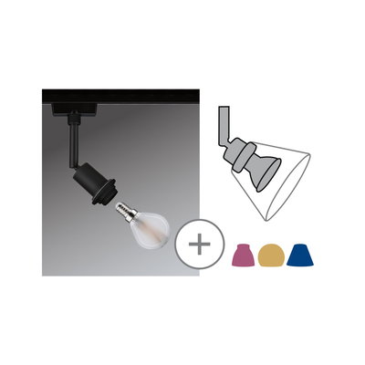 Spot LED noir sur rail avec ampoule remplaçable et abat-jours colorés rouge, jaune et bleu